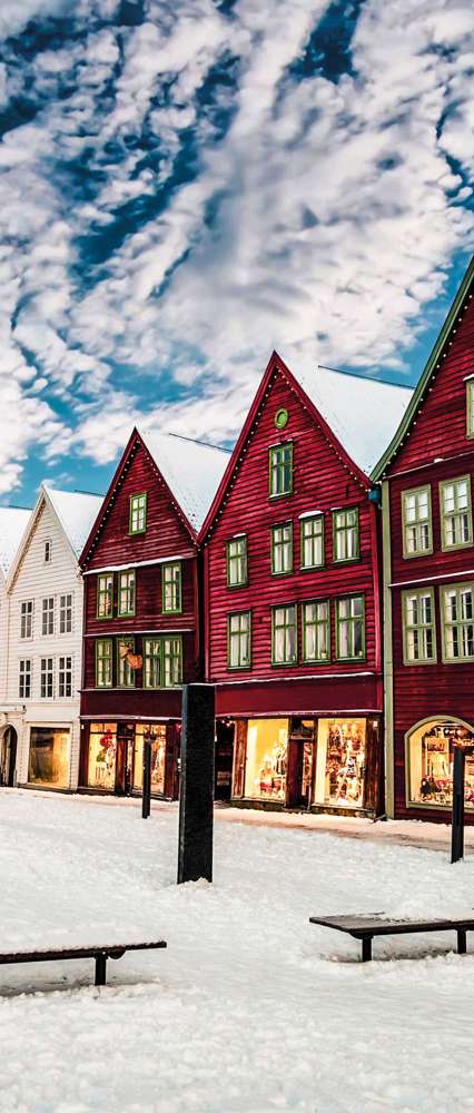 Famous Bryggen Street With Wooden Colored Houses In Bergen At Christmas, Norway