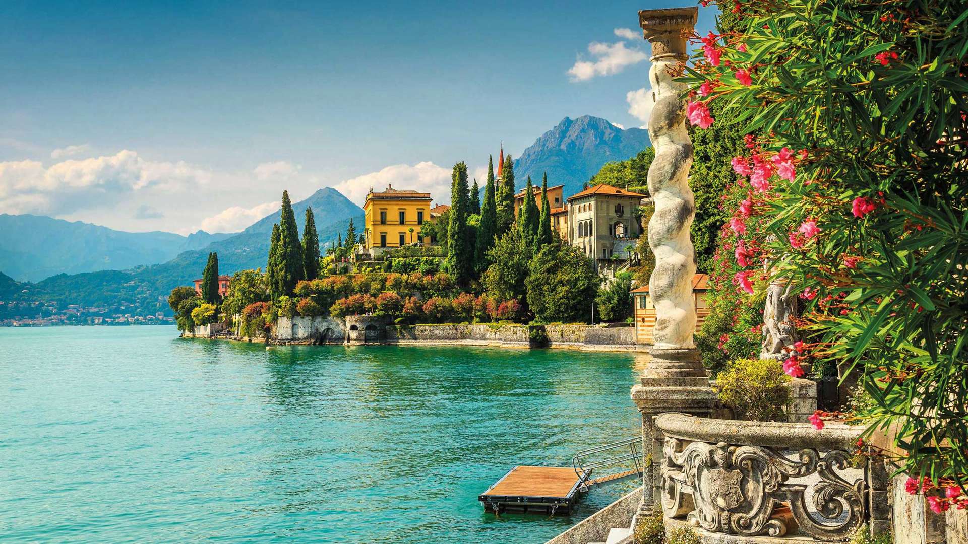 Oleander flowers and Villa Monastero, Lake Como, Italy