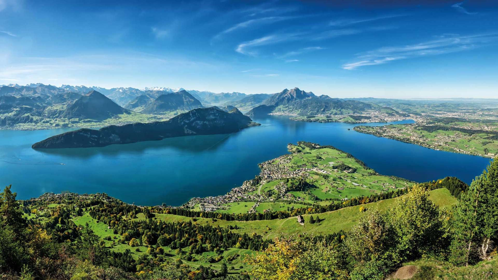 Lake Lucerne City Viewed From Mount Rigi With Mountain Pilatus, Switzerland